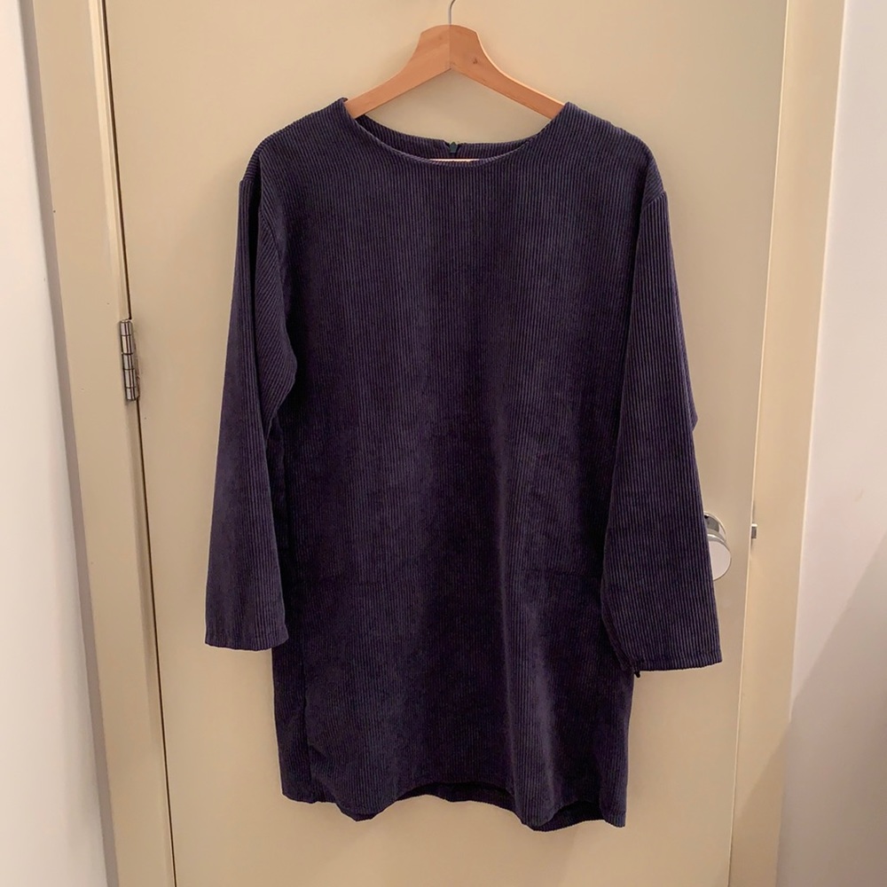 Blue corduroy dress with sleeves and pockets.